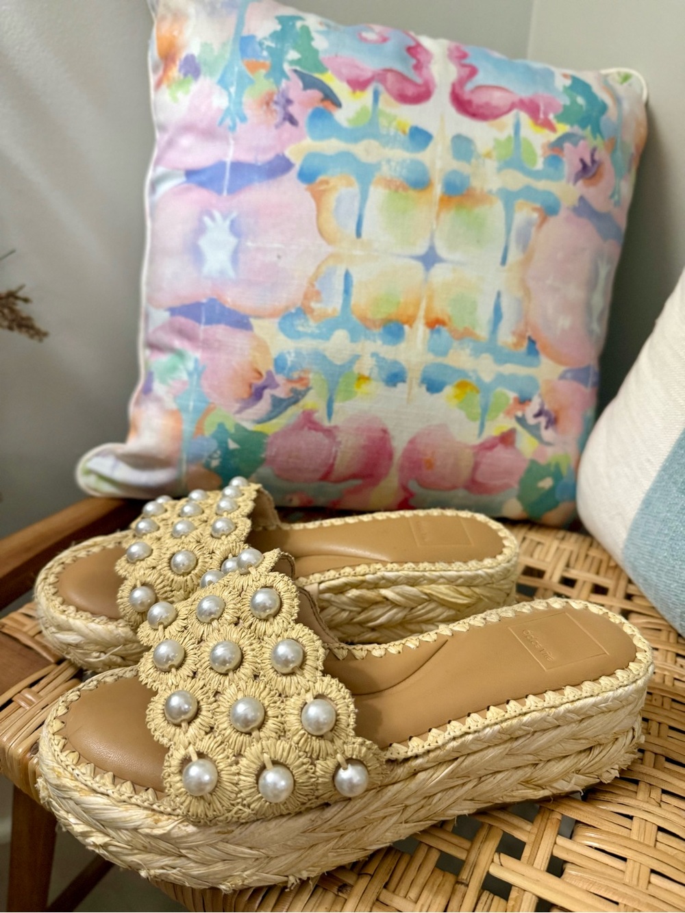 Woven Pearl-Embellished Slide Sandals in Natural